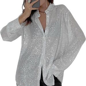 ML006-Silver Sequin Button-Down Shirt - Womens Sparkle Top